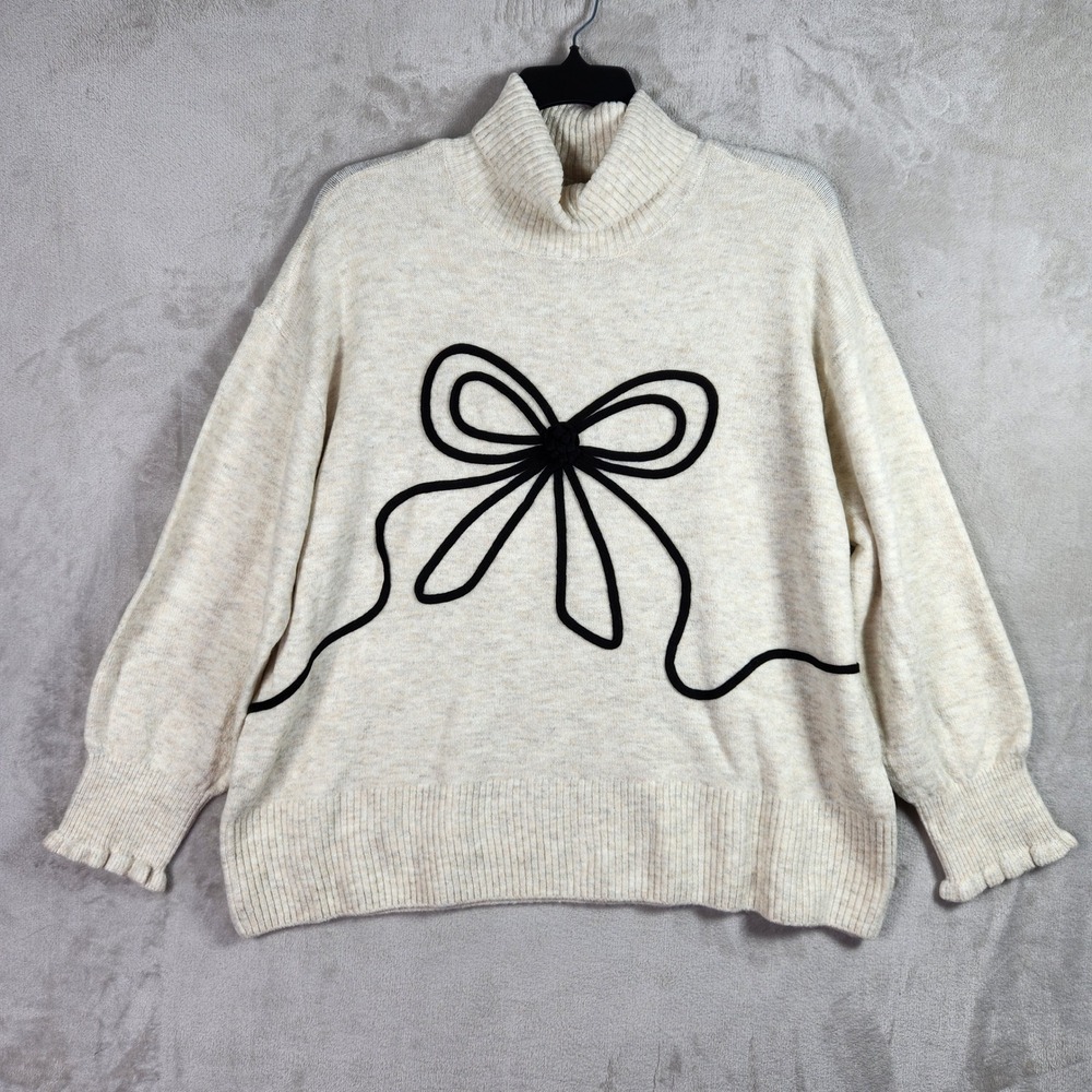 CeCe Bow Turtleneck Sweater Womens 2X Malted Beige Black Applique Coquette‎ Boho